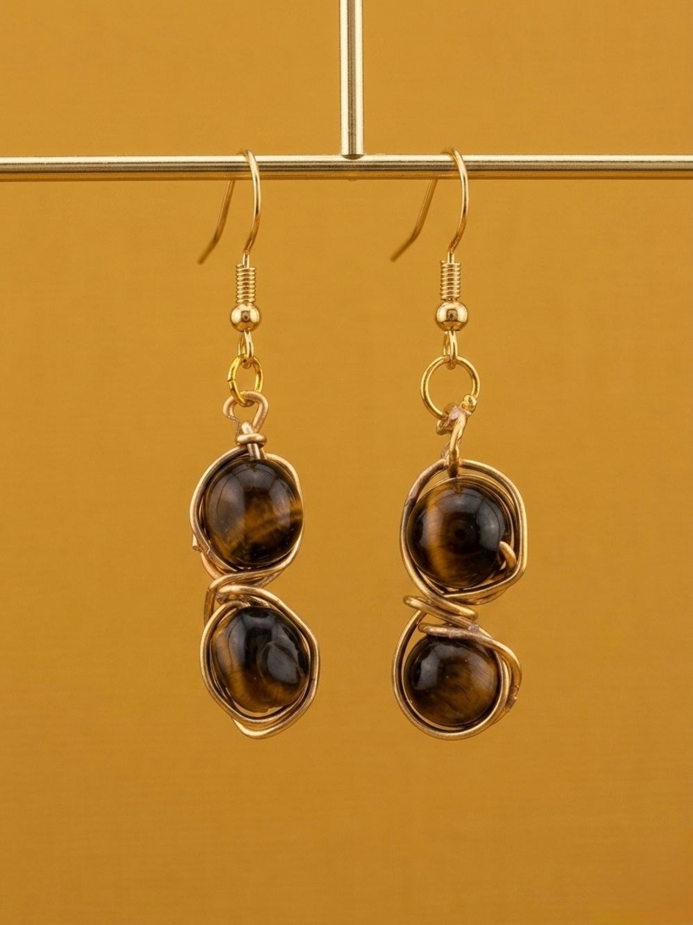 Handmade Gold Wire-Wrapped Brown Tiger's Eye Drop Earrings